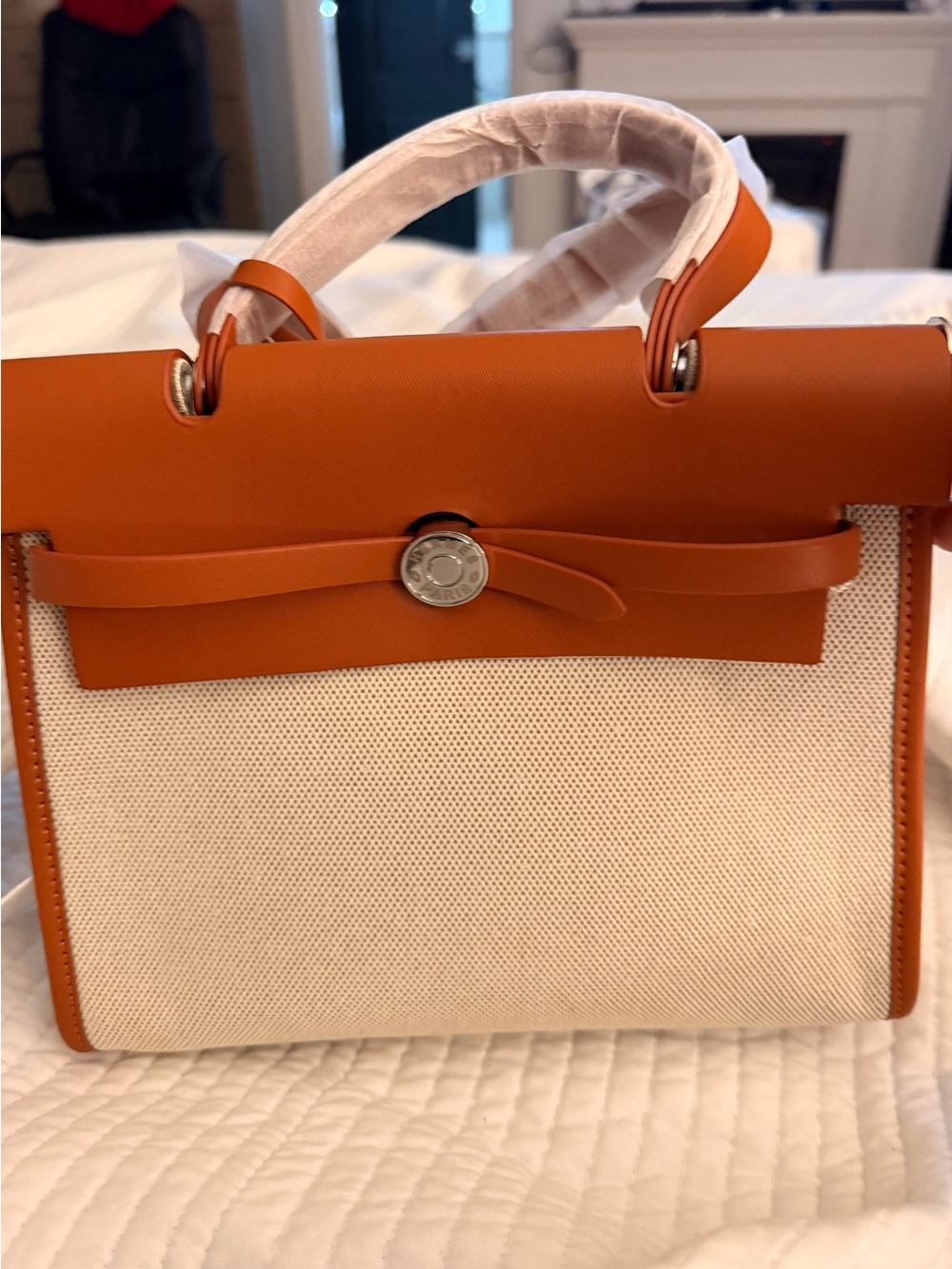 Canvas and Orange Leather Top-Handle Satchel